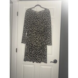 Betseys Boutique Shop Long Sleeve Shirred Waist Dress Xl Black Cream Leopard